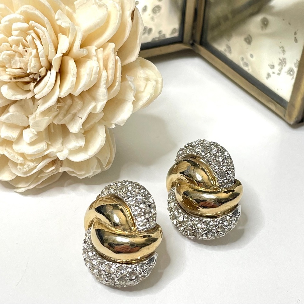VINTAGE Gold and Crystal Knot Clip Earrings
